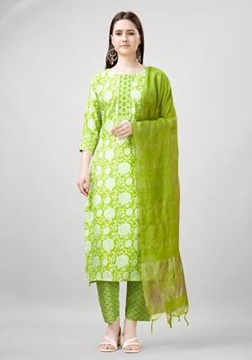 Green Printed Viscose Rayon Kurta Set