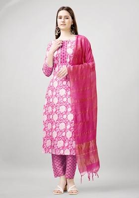 Pink Printed Viscose Rayon Kurta Set