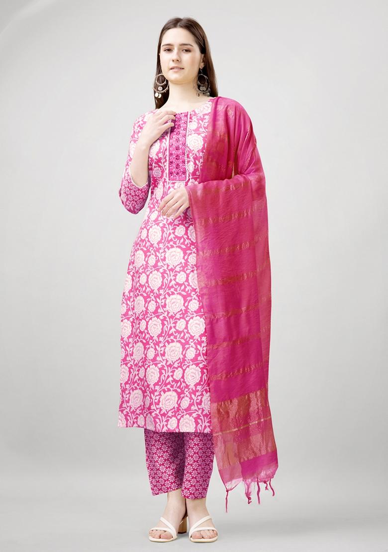 Pink Printed Viscose Rayon Kurta Set