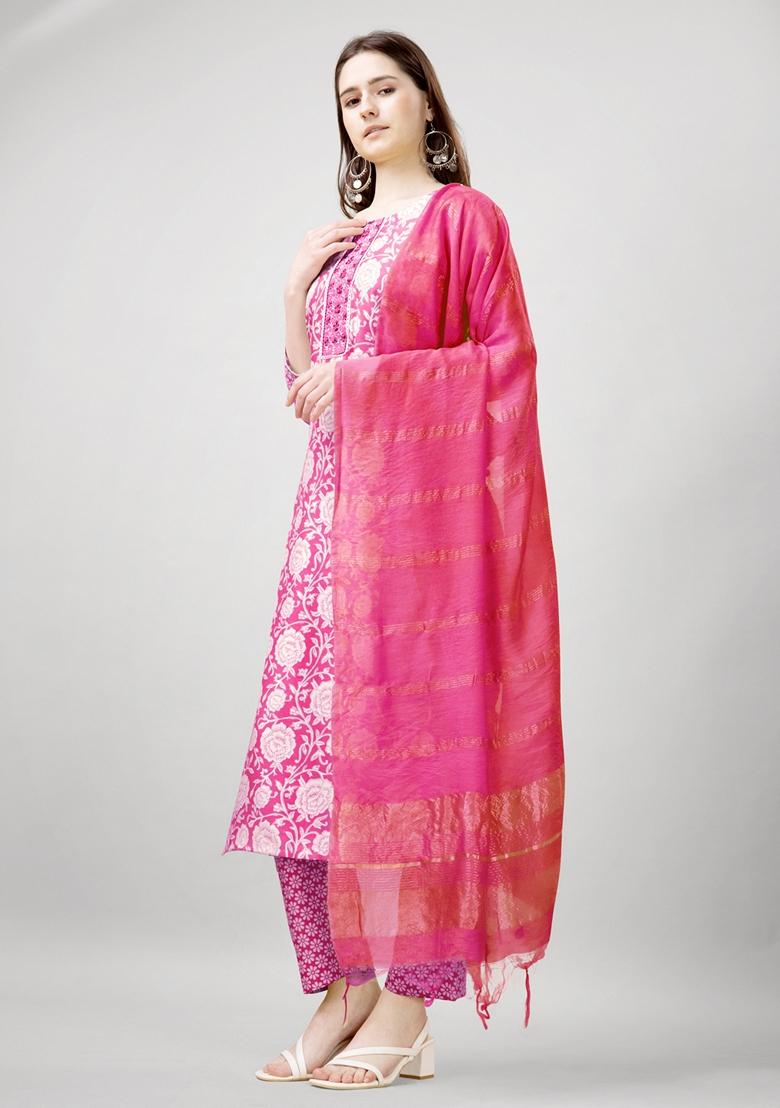 Pink Printed Viscose Rayon Kurta Set