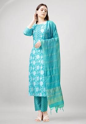 Blue Printed Viscose Rayon Kurta Set
