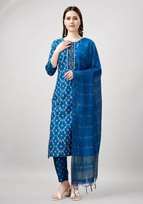 Blue Printed Viscose Rayon Kurta Set