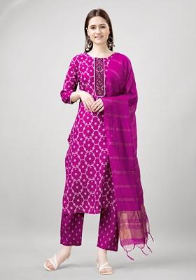 Pink Printed Viscose Rayon Kurta Set