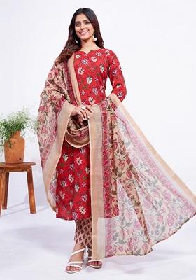 Red Embroidered Cotton Blend Kurta Set