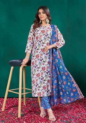 White Embroidered Cotton Blend Kurta Set