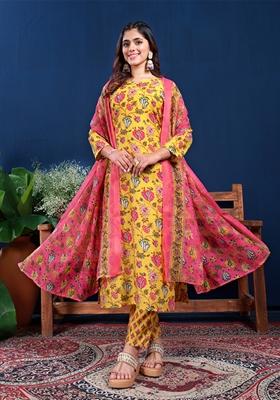 Yellow Embroidered Cotton Blend Kurta Set