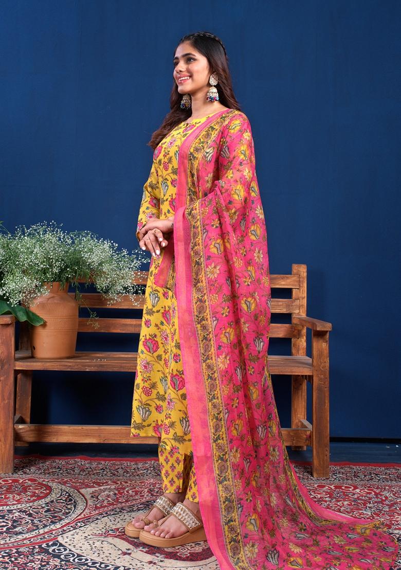 Yellow Embroidered Cotton Blend Kurta Set
