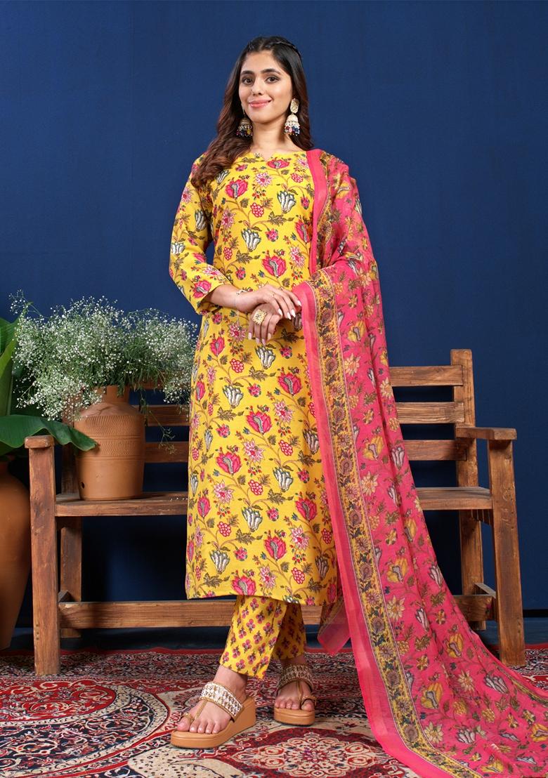Yellow Embroidered Cotton Blend Kurta Set
