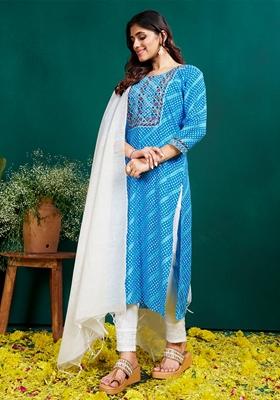 Blue Printed Viscose Rayon Kurta Set