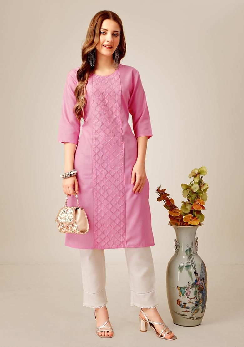 Pink Embroidered Cotton Blend Kurta Set