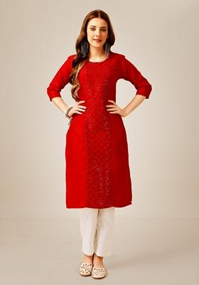 Red Embroidered Cotton Blend Kurta Set