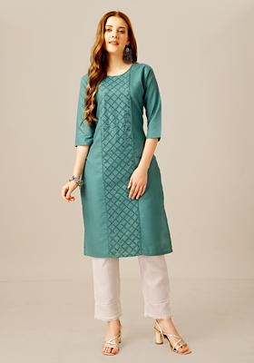Teal Embroidered Cotton Blend Kurta Set