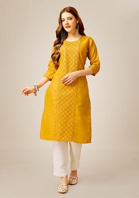 Yellow Embroidered Cotton Blend Kurta Set