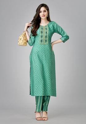 Pista Green Embroidered Viscose Rayon Kurta Set