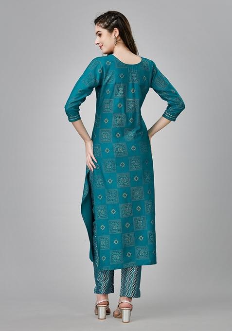 Idalia Women's Rama Green & Navy Blue Cotton Kurta Set - 3/4 Sleeve With Palazzo Pants - View #3