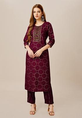 Purple Embroidered Viscose Rayon Kurta Set