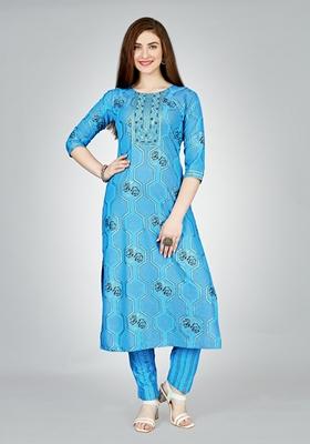 Sky Blue Embroidered Viscose Rayon Kurta Set