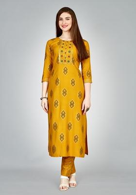 Yellow Embroidered Viscose Rayon Kurta Set