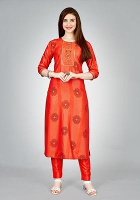 Orange Embroidered Viscose Rayon Kurta Set