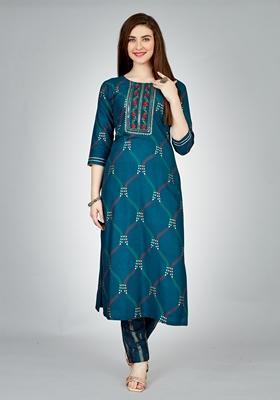 Navy Blue Embroidered Viscose Rayon Kurta Set