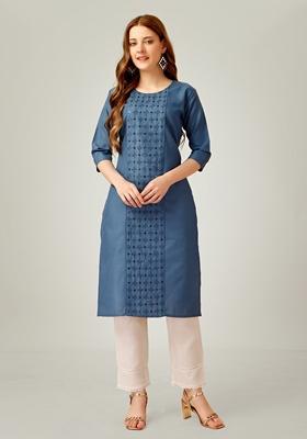 Blue Embroidered Cotton Blend Kurta Set