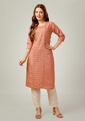 Coral Embroidered Cotton Blend Kurta Set