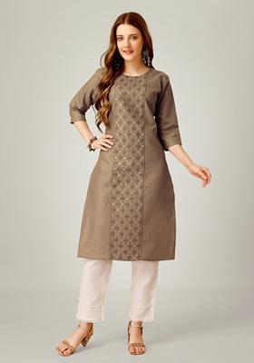 Khaki Embroidered Cotton Blend Kurta Set