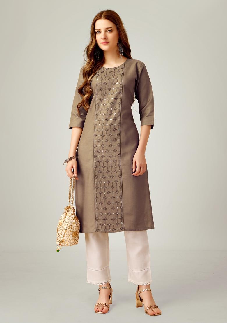 Khaki Embroidered Cotton Blend Kurta Set