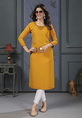 Mustard Hand Embroidered Cotton Kurta Set