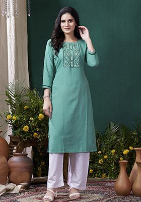 Blue Hand Embroidered Cotton Kurta Set