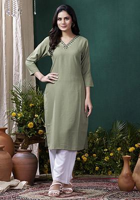 Sea Green Hand Embroidered Cotton Kurta Set