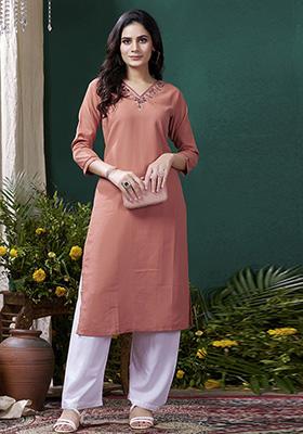 Dark Peach Hand Embroidered Cotton Kurta Set