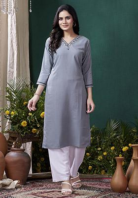 Grey Hand Embroidered Cotton Kurta Set