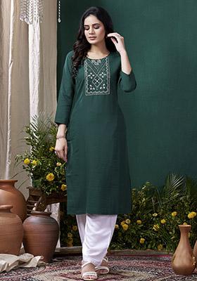 Teal Hand Embroidered Cotton Kurta Set