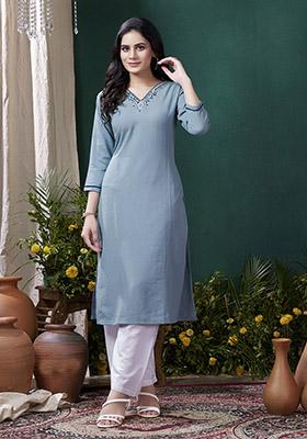 Sky Blue Hand Embroidered Cotton Kurta Set