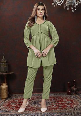 Sea Green Hand Embroidered Cotton Co-Ord Set