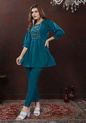 Teal Hand Embroidered Cotton Co-Ord Set