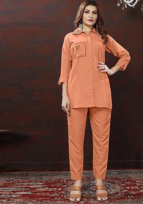 Dark Peach Hand Embroidered Cotton Co-Ord Set