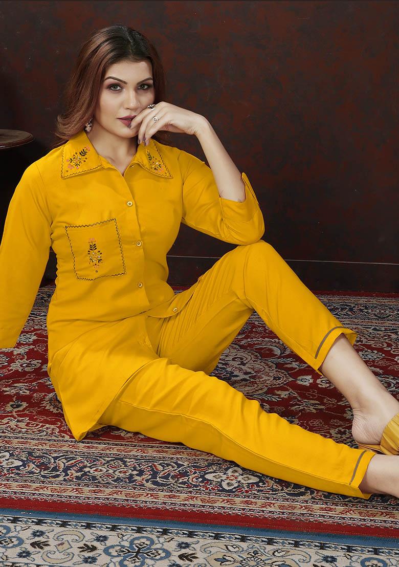 Mustard Hand Embroidered Cotton Co-Ord Set