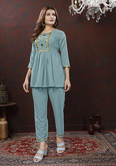 Sky Blue Hand Embroidered Cotton Co-Ord Set