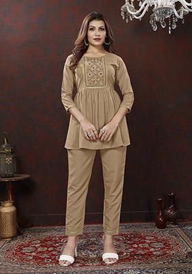 Brown Hand Embroidered Cotton Co-Ord Set