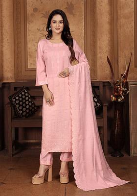 Peach Sequin Embroidered Chanderi Kurta Set
