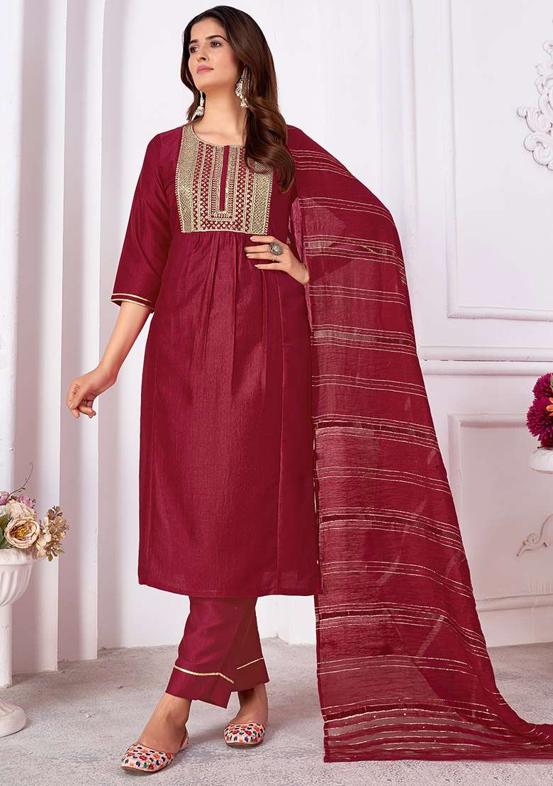 Maroon Sequin Embroidered Silk Kurta Set - Indya