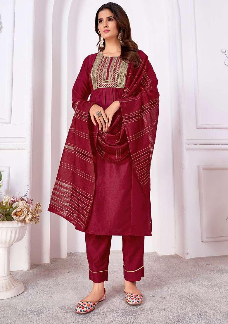 Maroon Sequin Embroidered Silk Kurta Set - Indya
