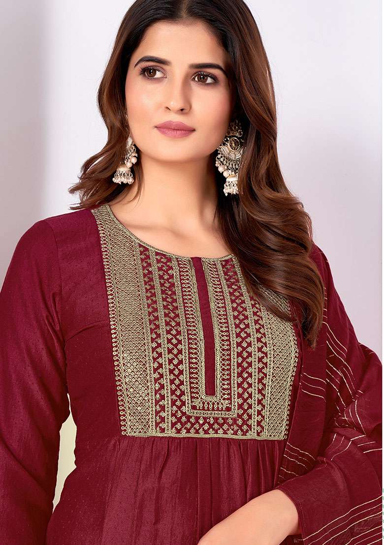 Maroon Sequin Embroidered Silk Kurta Set - Indya