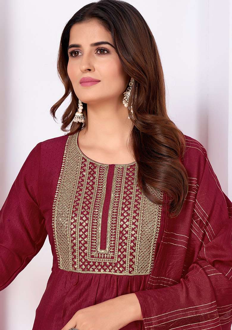 Maroon Sequin Embroidered Silk Kurta Set - Indya