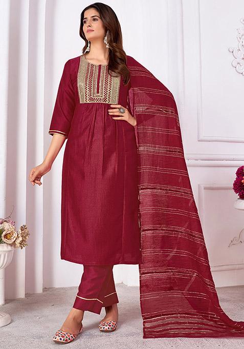 Maroon Sequin Embroidered Silk Kurta Set