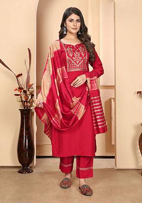 Maroon Sequin Embroidered Silk Kurta Set