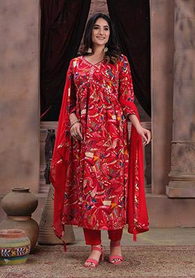 Red Hand Embroidered Rayon Anarkali Set