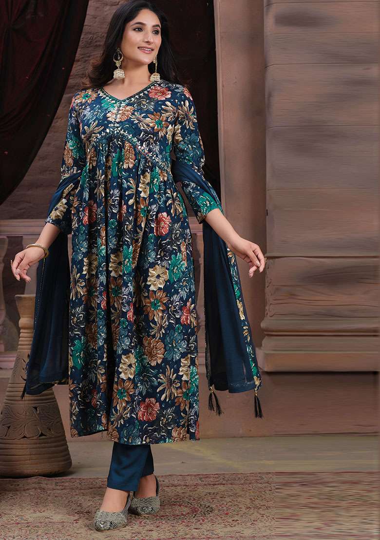 Multicolor Hand Embroidered Rayon Anarkali With Dupatta - Indya